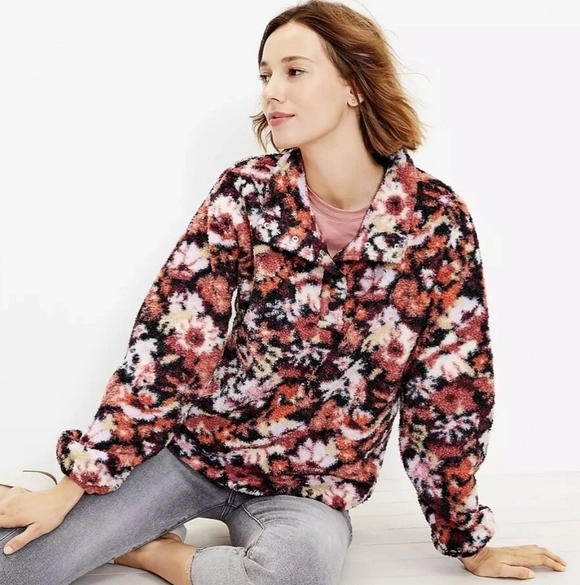 LOFT Jackets & Blazers - LOFT Floral Sherpa Snap Collar Sweater Top - Size M